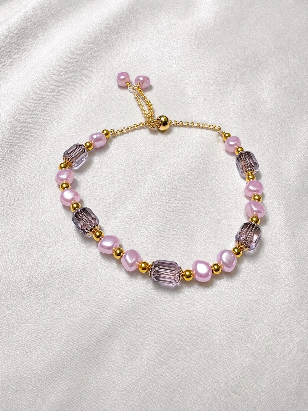 Pink Beaded Bracelet – Gold Tone Accents – Faceted Smoky Glass Beads – Adjustabl